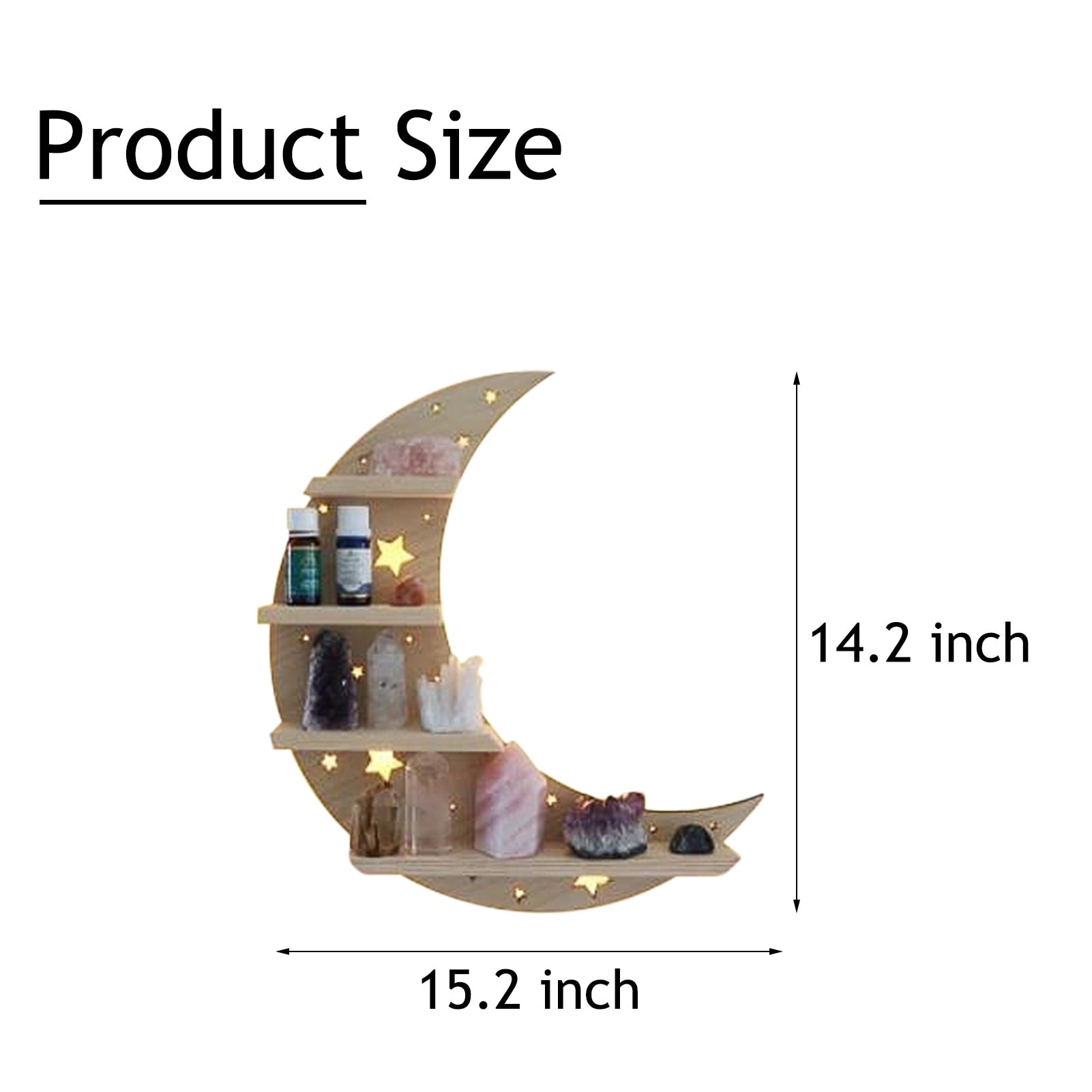 Beige crescent moon shelf measurement guide showing an overall height of 14.2 inches and width of 15.2 inches.