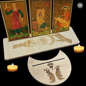 Beige tarot stand pair with sun, moon and hand designs. The pair is displayed flat to show the printed motifs and card-holding slots.