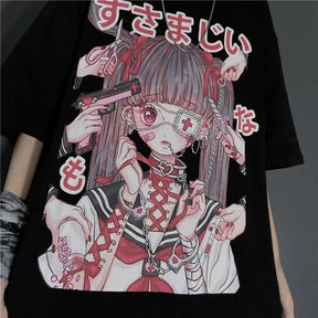 Close-up of the black T-shirt's anime girl illustration, showing gray pigtails, a cross-marked eye patch, a red lace-up collar and Japanese lettering surrounded by illustrated hands.