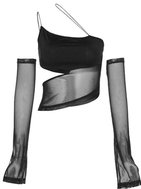 Black crop top and two separate long mesh arm sleeves displayed against white, showing the angled waist panel and flared cuffs as individual pieces.