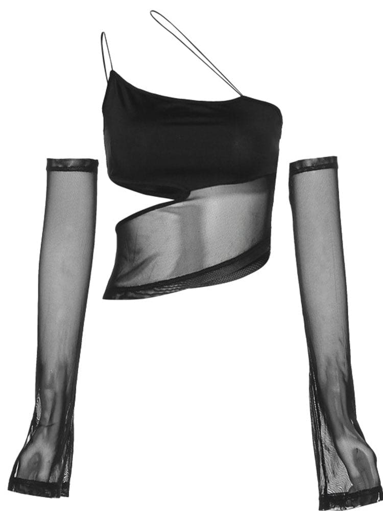 Black crop top and two separate long mesh arm sleeves displayed against white, showing the angled waist panel and flared cuffs as individual pieces.