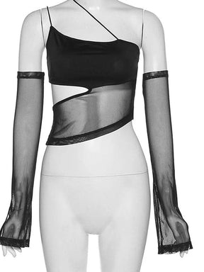 Black bandage crop top and matching mesh sleeves on a white mannequin. The sheer lower panel slopes across the waist below a side cutout.