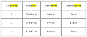 Size chart for the mesh bandage crop top in S, M and L, listing bust ranges, waist measurements and sleeve lengths in centimeters.