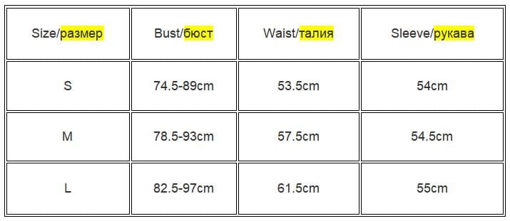 Size chart for the mesh bandage crop top in S, M and L, listing bust ranges, waist measurements and sleeve lengths in centimeters.