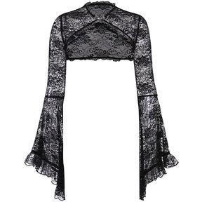 Black gothic lace bolero isolated on white, showing the ornate neckline clasp and long bell sleeves with ruffled edges.
