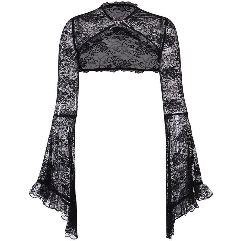 Black gothic lace bolero isolated on white, showing the ornate neckline clasp and long bell sleeves with ruffled edges.