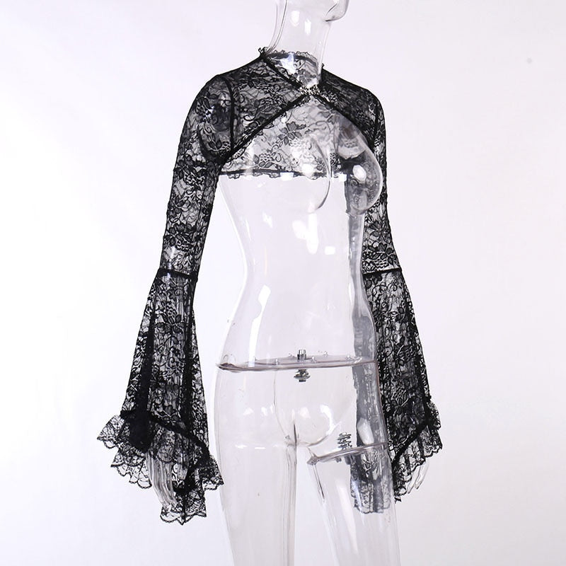 Angled mannequin view of the cropped black lace bolero, with fitted upper sleeves opening into wide ruffled bells.