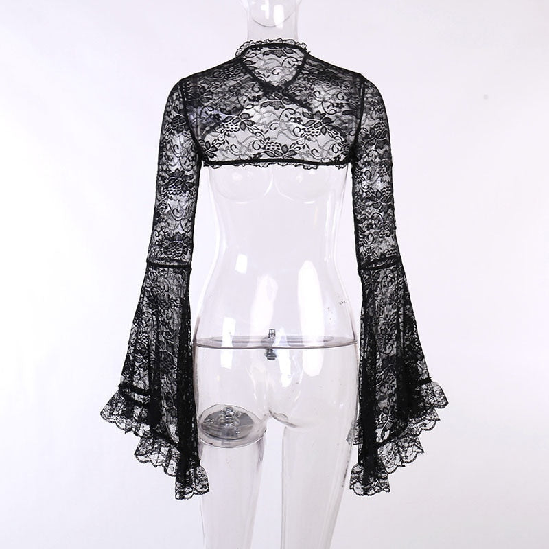 Back view of the black lace bolero on a clear mannequin, showing the short upper-back panel and long flared sleeves.