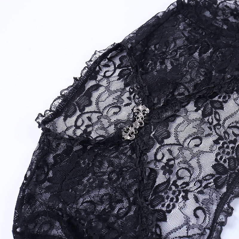 Black lace overlay neckline with ruffled trim and an ornate silver-tone clasp, photographed on white.