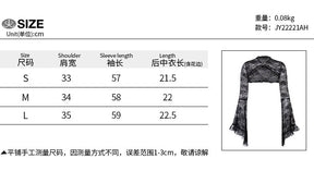 Size chart for the black baroque lace bolero, listing shoulder width, sleeve length and back length including trim in centimeters for S, M and L.