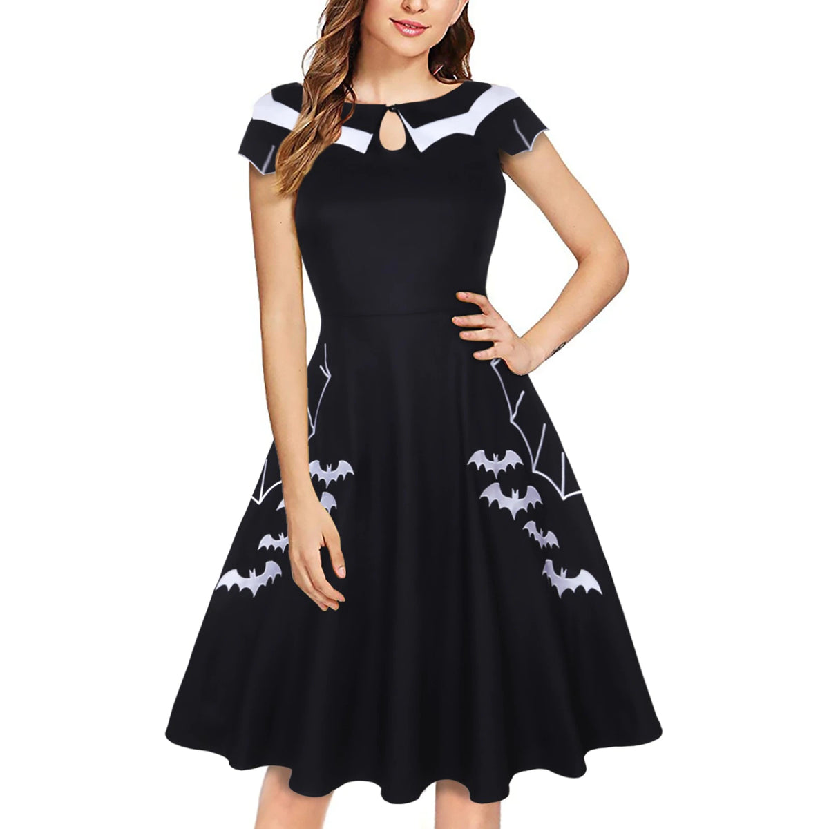 Black bat-print swing dress worn from the front, with a white bat-wing collar, keyhole neckline and short pointed sleeves.