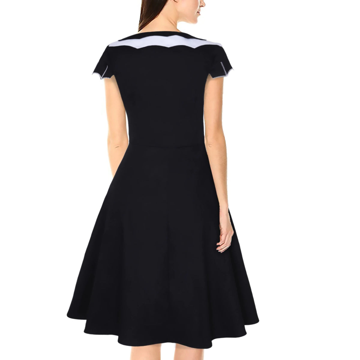 Black bat-collar dress worn from the back, showing the white collar detail and plain flared skirt.