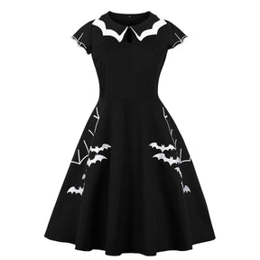 Black Bat Queen dress displayed from the front with white bat silhouettes and large wing outlines on the skirt.