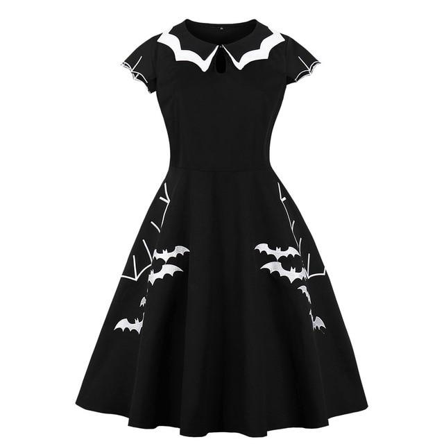 Black bat-print swing dress shown alone at a smaller scale, with its short sleeves and flared hem fully visible.