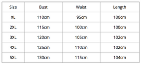 Size chart for the Bat Queen dress, showing bust, waist and length measurements for XL through 5XL.