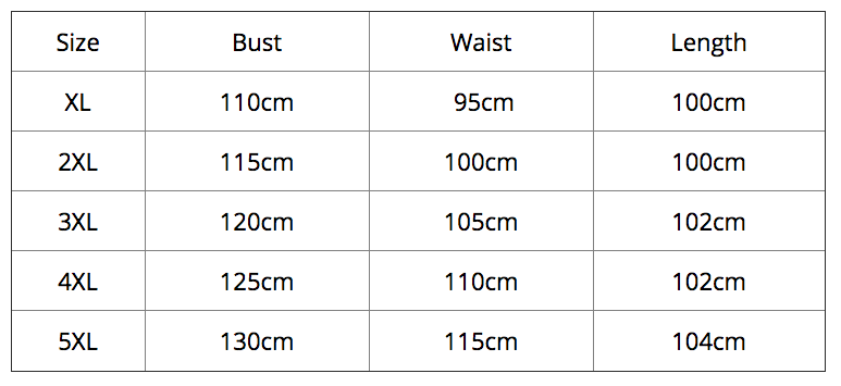 Size chart for the Bat Queen dress, showing bust, waist and length measurements for XL through 5XL.