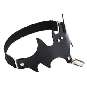 Angled rear view of the black bat garter showing the narrow band behind the wing-shaped front.