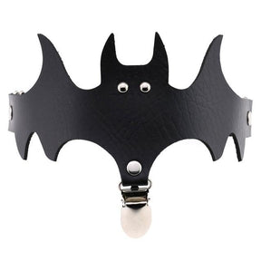 Black bat garter shown flat from the front, with the narrow band behind its outstretched wings.