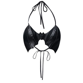 Black bat wing halter bralette isolated on white, with long neck and back ties, stitched wings and a curved central opening.