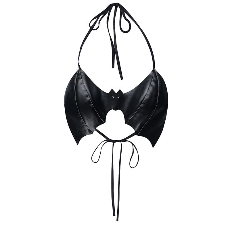 Black bat wing halter bralette isolated on white, with long neck and back ties, stitched wings and a curved central opening.