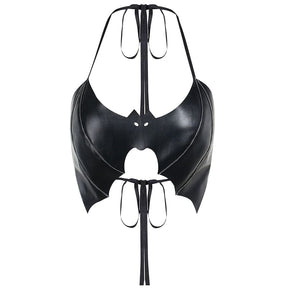 Closer isolated front view of the black bat bralette, showing its spread-wing silhouette, small eye cutouts and tied straps.