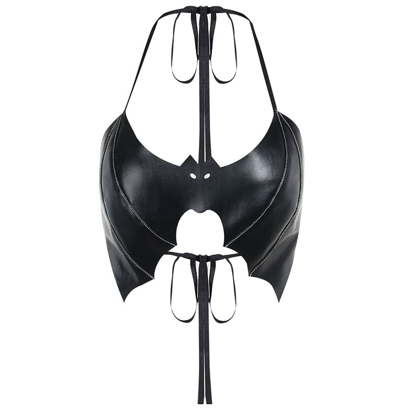 Closer isolated front view of the black bat bralette, showing its spread-wing silhouette, small eye cutouts and tied straps.
