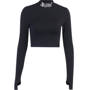 Black Blessed embroidered turtleneck crop top displayed alone on white.