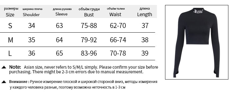 Black Blessed embroidered turtleneck crop top size chart showing S, M and L shoulder, sleeve, bust, waist and length measurements in centimeters.