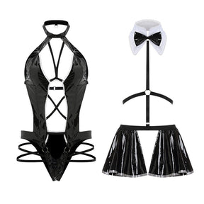 Black gothic costume set with a white bow tie collar, glossy crisscross straps and a short skirt detail.