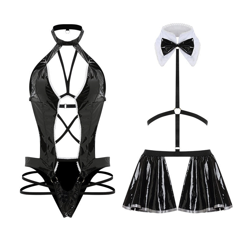 Black gothic costume set with a white bow tie collar, glossy crisscross straps and a short skirt detail.