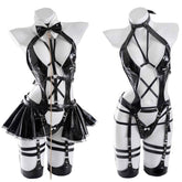 Black gothic costume set with a white bow tie collar, glossy crisscross straps and a short skirt detail.