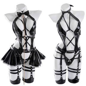 Black gothic costume set with a white bow tie collar, glossy crisscross straps and a short skirt detail.