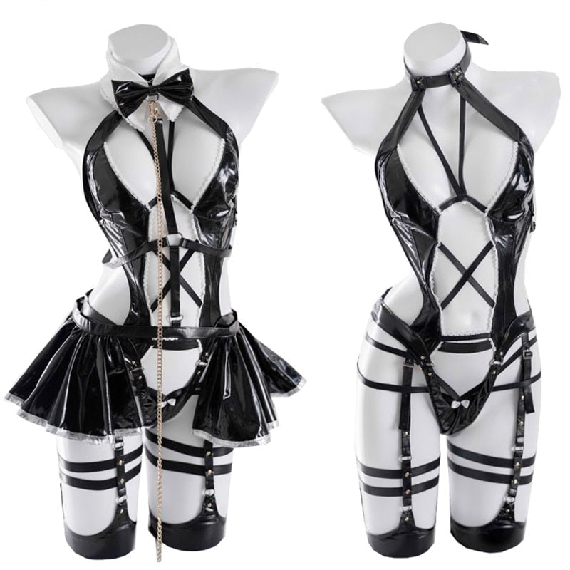 Black gothic costume set with a white bow tie collar, glossy crisscross straps and a short skirt detail.