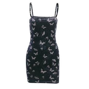 Black velvet butterfly-print mini dress displayed alone on white.