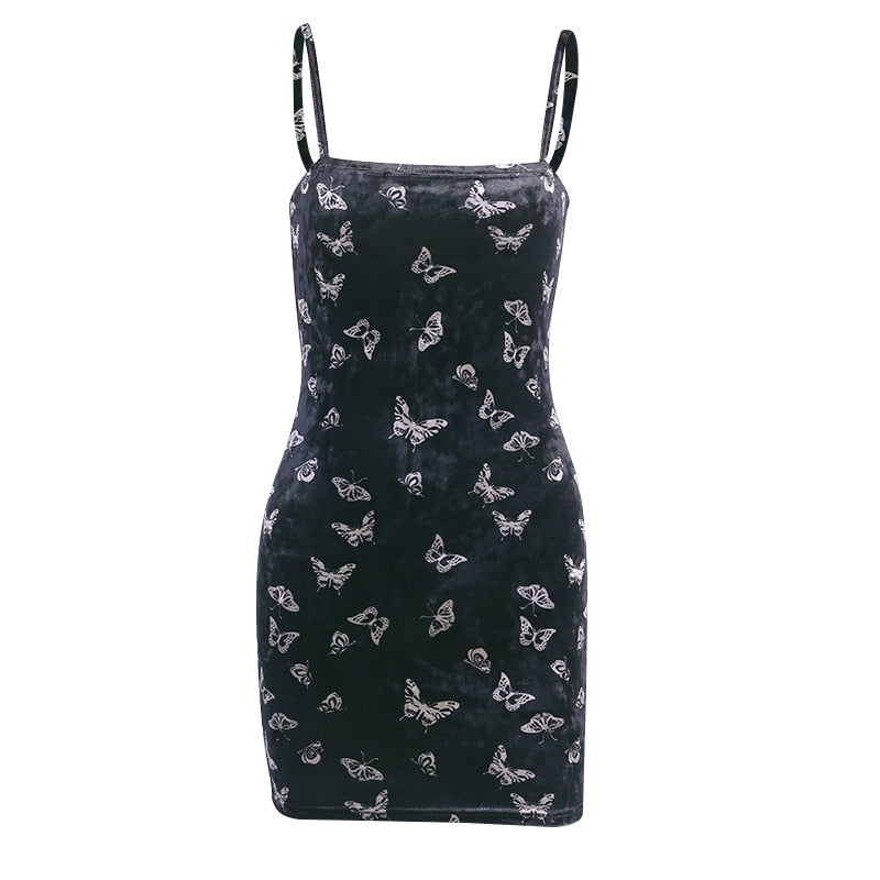 Black velvet butterfly-print mini dress displayed alone on white.