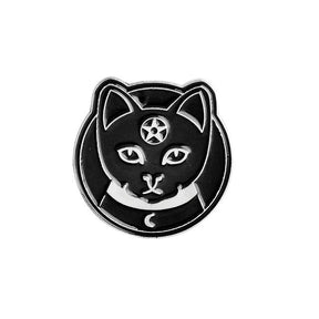 Black cat-face enamel pin with silver-tone eyes and whiskers, a pentacle on its forehead and a crescent at the neck.