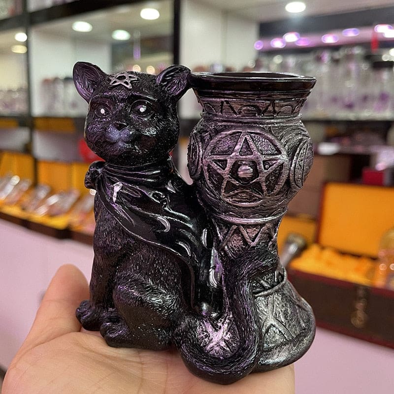 Silver-accented black cat stand front