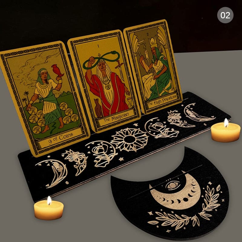 Black tarot stand pair with contrasting celestial artwork. The pair is displayed flat to show the printed motifs and card-holding slots.