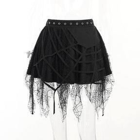 Black cobweb skirt on a clear mannequin, showing the eyelet waist and pointed lace hem.