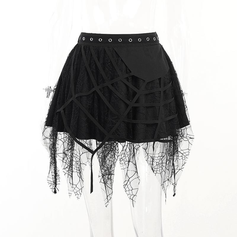 Black cobweb skirt on a clear mannequin, showing the eyelet waist and pointed lace hem.