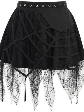 Front product view of the black eyelet-waist skirt with ragged web lace extending below the hem.