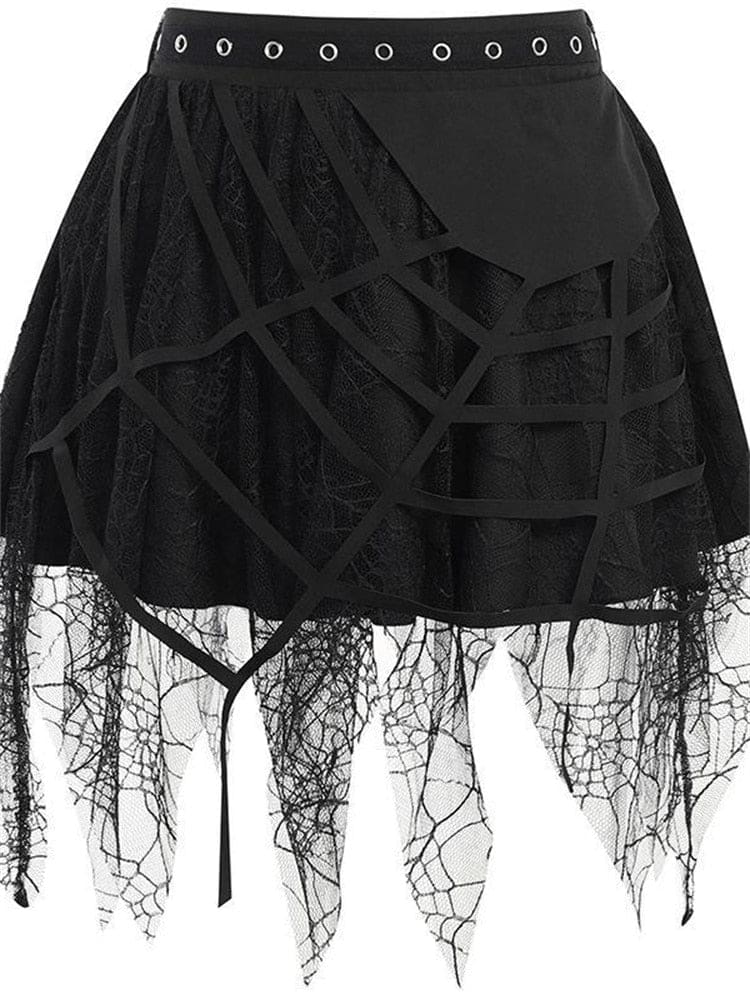 Front product view of the black eyelet-waist skirt with ragged web lace extending below the hem.