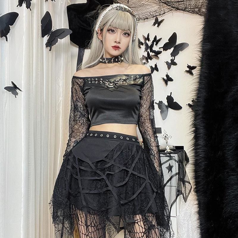 Front view of the layered black web skirt in an outfit with an off-shoulder top.