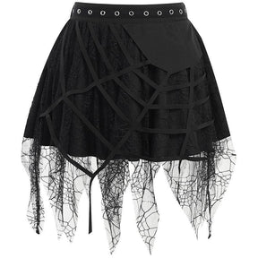 Black gothic tutu product view with eyelet trim and a web-shaped layered hem.