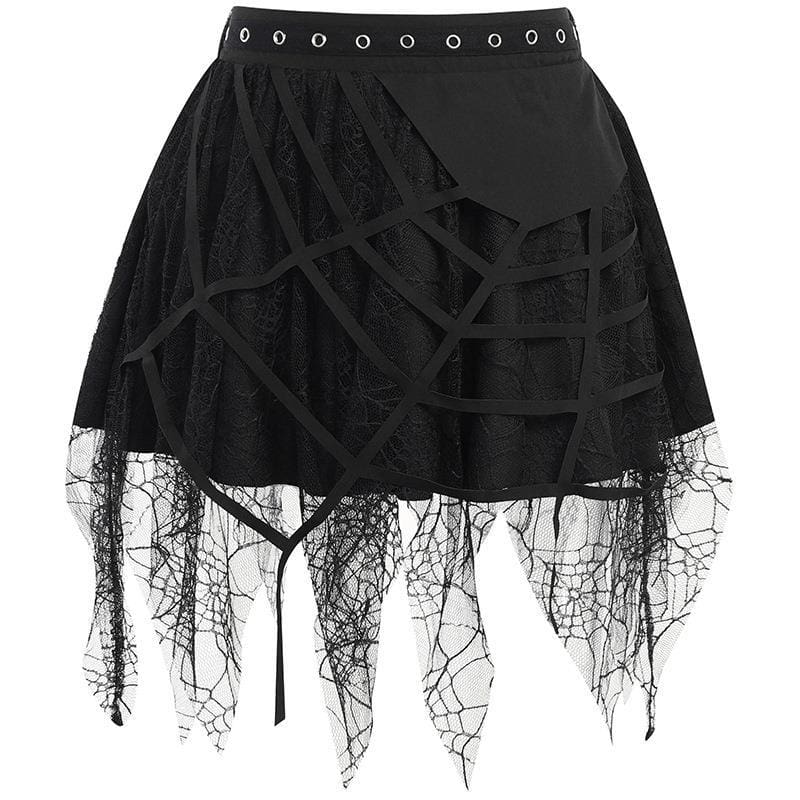 Black gothic tutu product view with eyelet trim and a web-shaped layered hem.