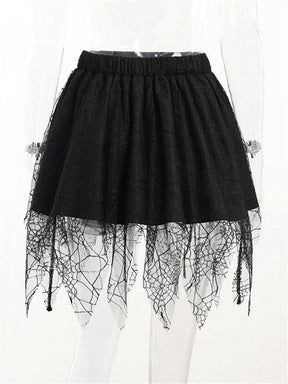 Back of the black cobweb skirt on a clear mannequin, showing the gathered waist and lace layers.