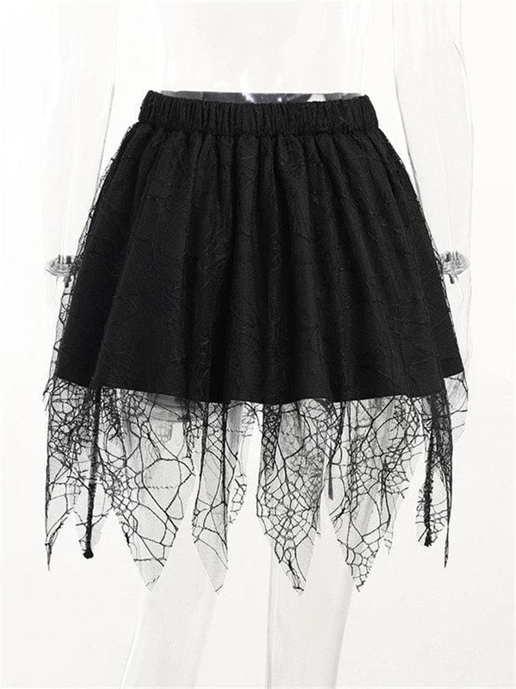 Back of the black cobweb skirt on a clear mannequin, showing the gathered waist and lace layers.