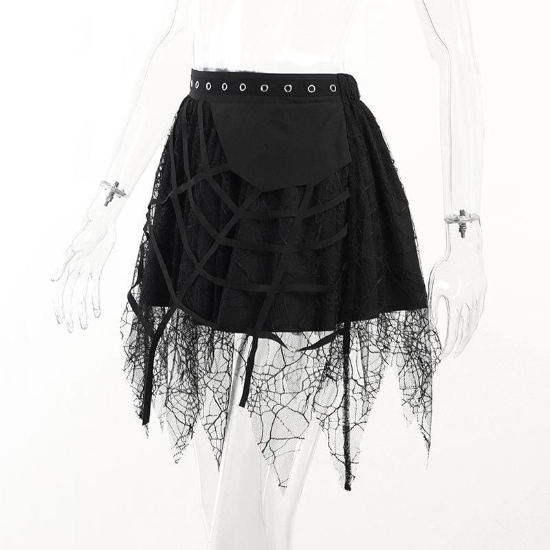 Angled mannequin view showing the solid side panel and uneven lace on the gothic tutu skirt.