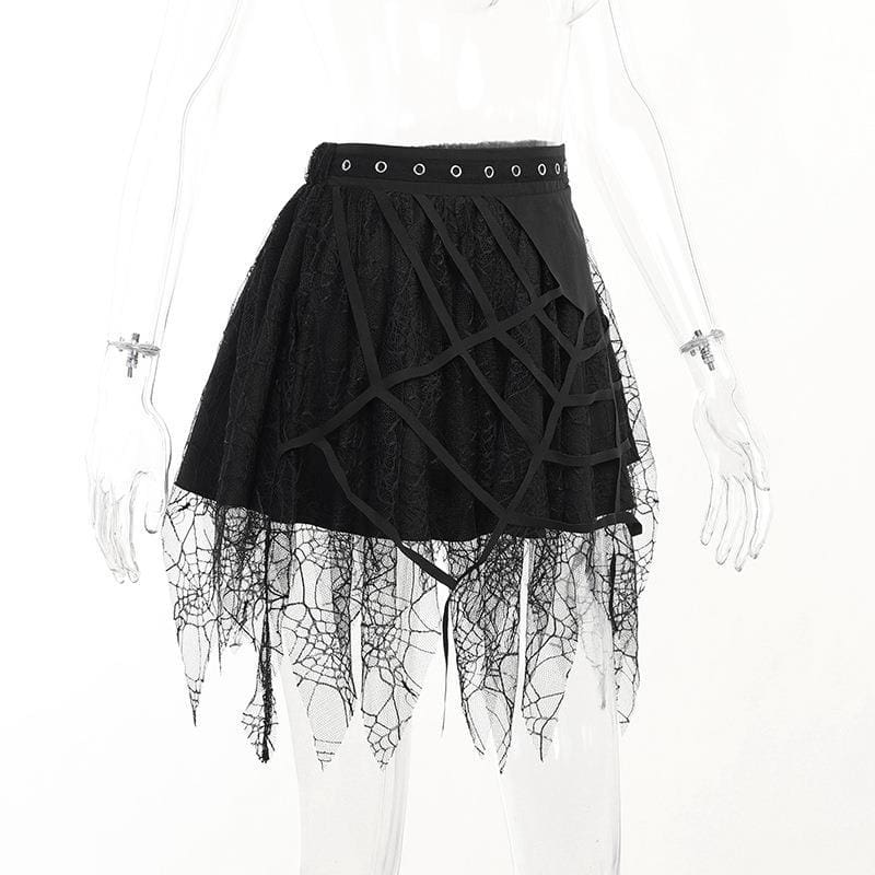 Three-quarter mannequin view of the black tutu skirt with layered spiderweb lace.