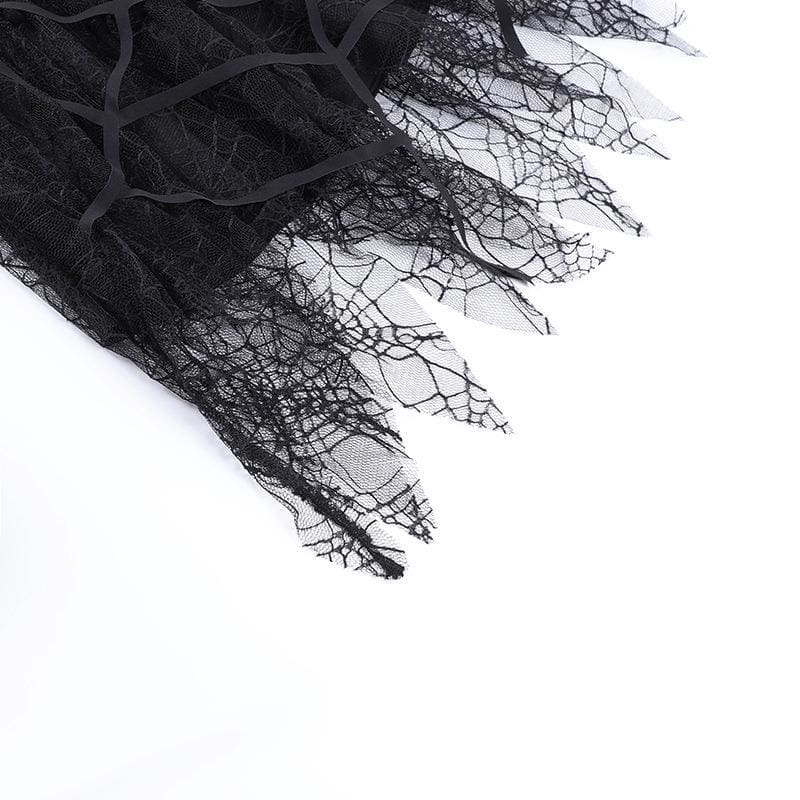 Pointed spiderweb lace edge hanging below the black skirt's layered front.